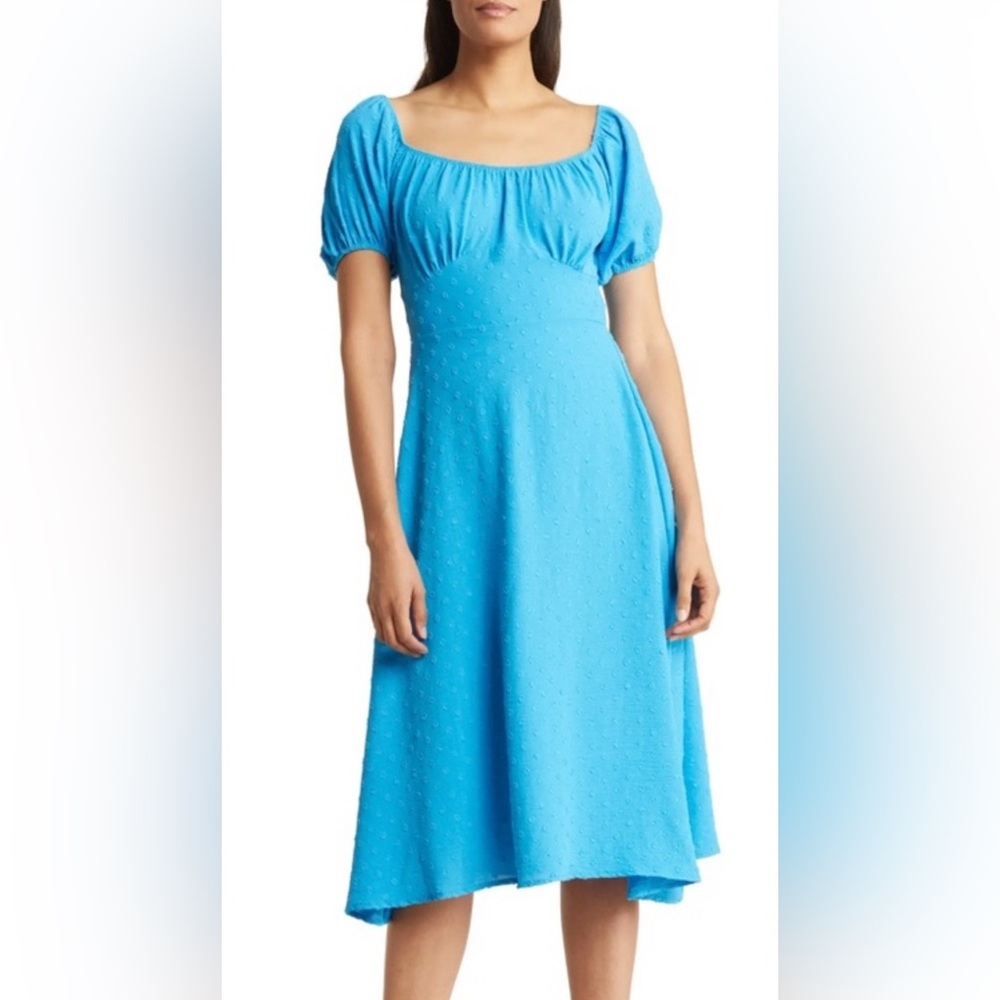 Velvet Torch Bright Blue Midi Dress Swiss Polka Dot Puff Sleeve Smocked sz Small